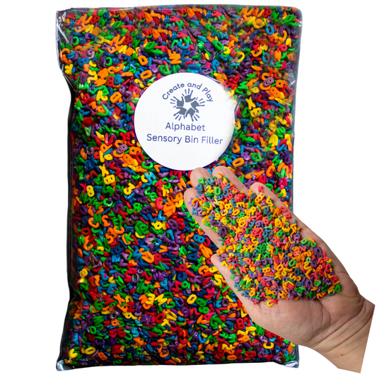 Alphabet Sensory Bin Filler for sensory play, preschool learning, fine motor skills, sensory table activities, and Montessori-inspired education.