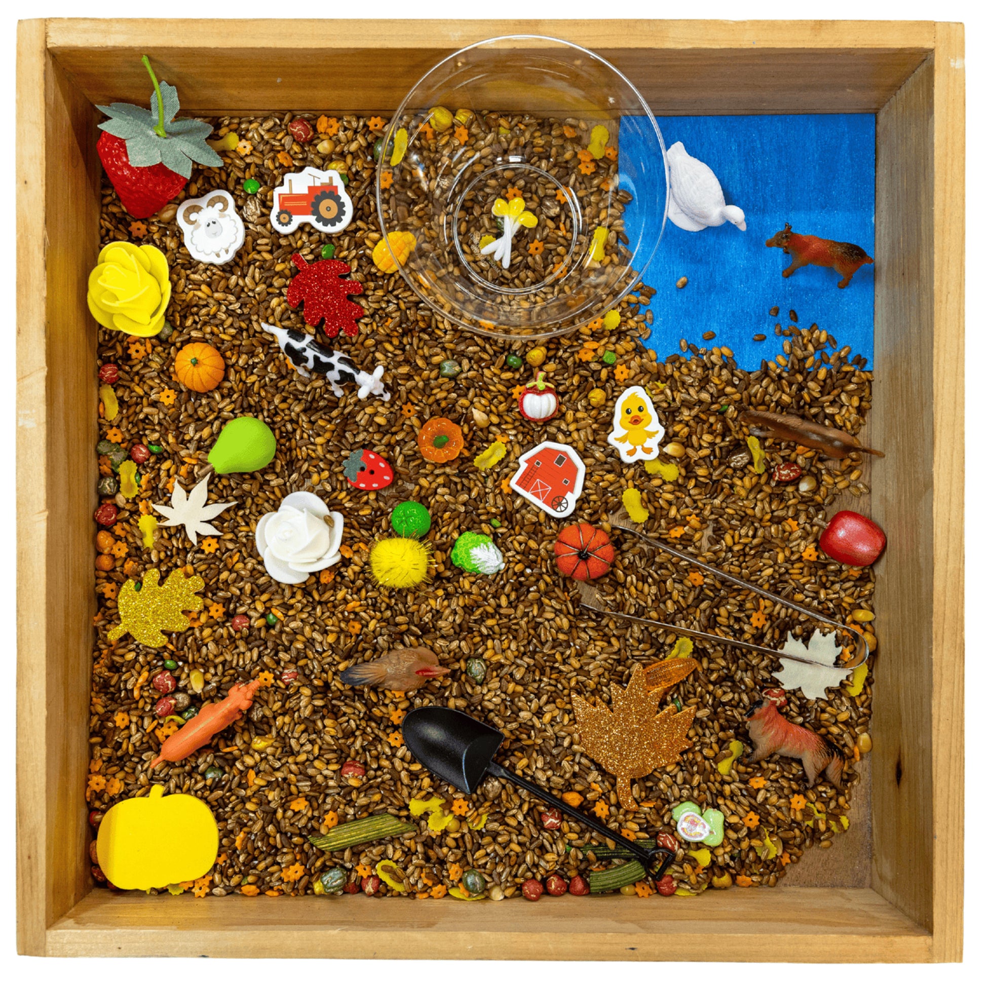 Farm Sensory Bin for kids with sensory filler, farm animals, and scooping tools for sensory play and fine motor skills.