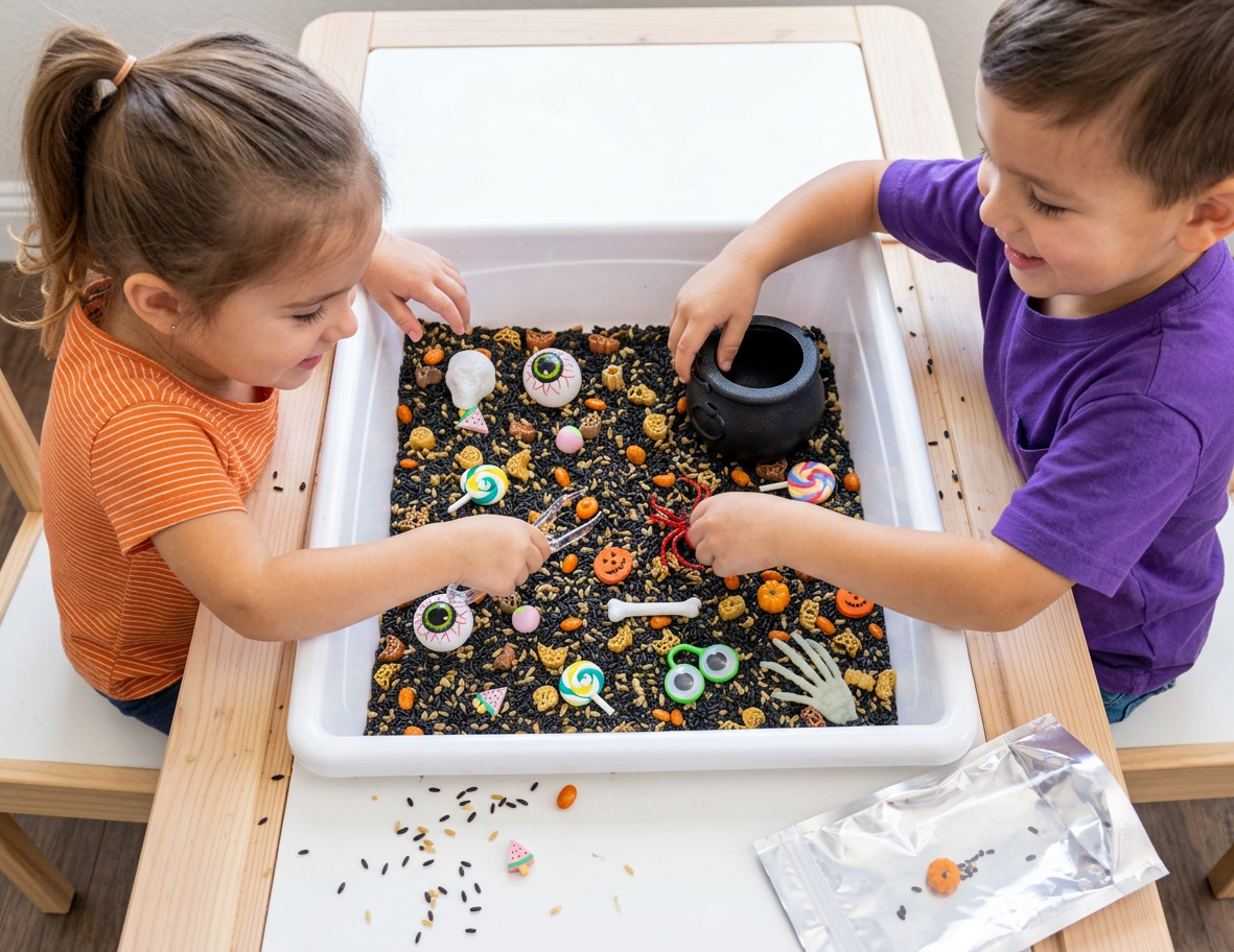 Halloween Sensory bin, sreeen free activity for kids