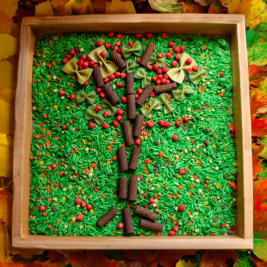 fall sensory bin filler, sensory filler, apple picking sensory play, apple sensory bin, sensory bins for kids