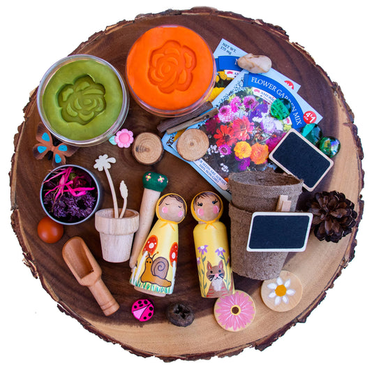 Gardening sensory kit, garden sensory kit, sensory kits sensory bin, play dough kit, playdough kit, playdoh kit, play doh kit, activities for kids at home, arts and crafts for kids, peg dolls for kids, wooden toys, busy box, busy bin